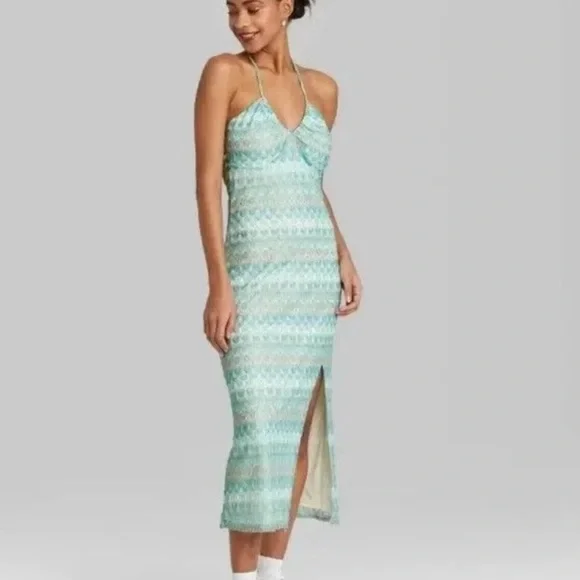 Crochet knit Bodycon Slip Dress Wild Fable Aqua Blue,midi dress, summer … - Picture 2 of 11